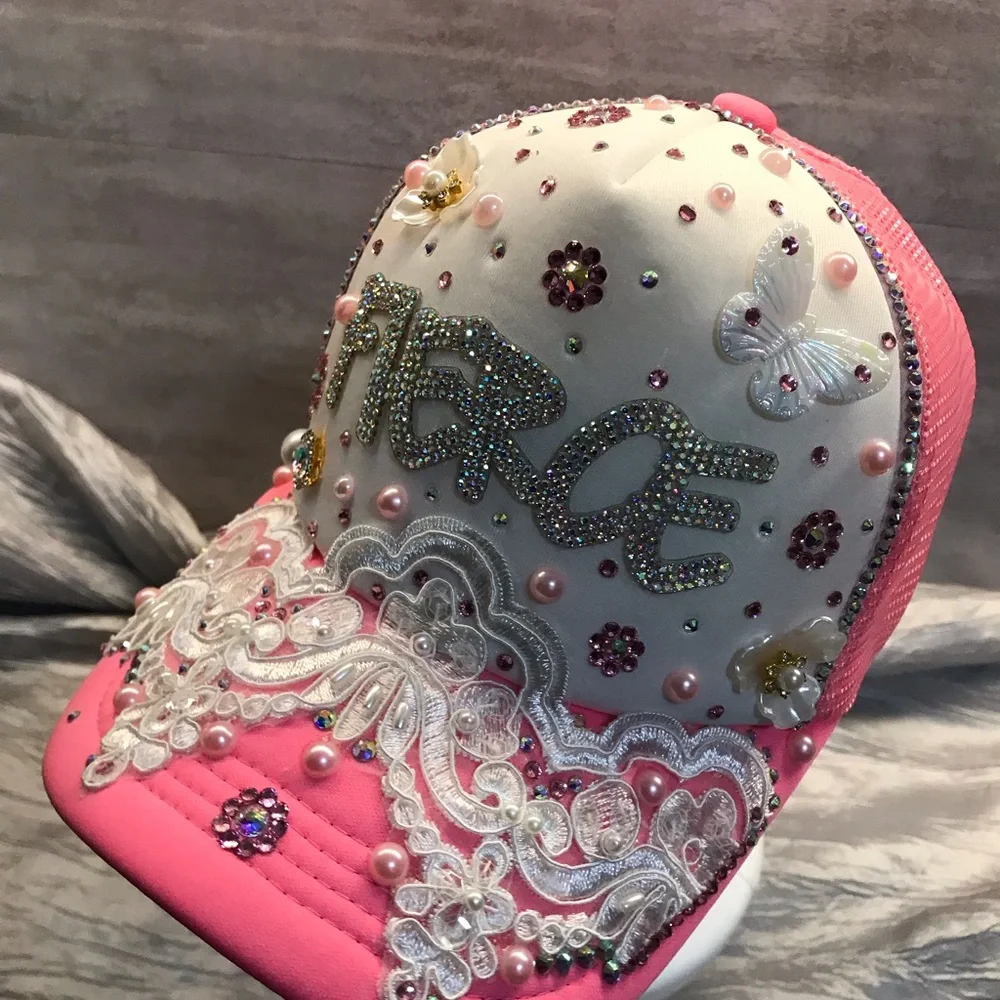 Embellished Pink and White Women’s Trucker Hat - Picture 2 of 11